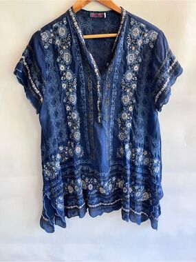 Johnny Was Kones Blue Embroidered Tunic Top